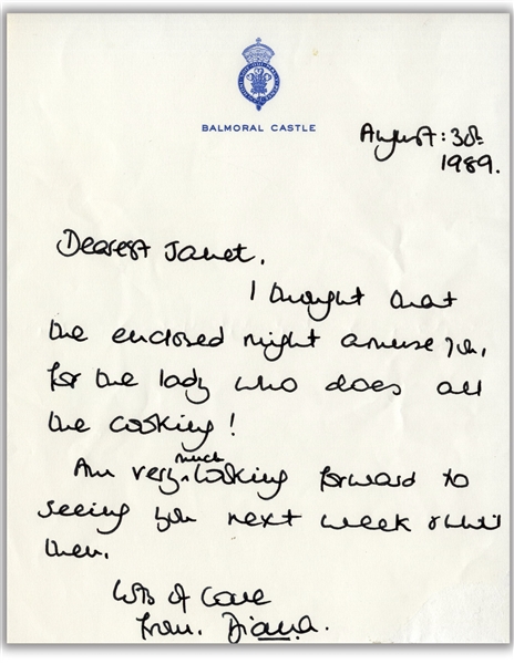 Princess Diana Autograph Letter Signed From 1989 -- ''...for the lady who does all the cooking!...''